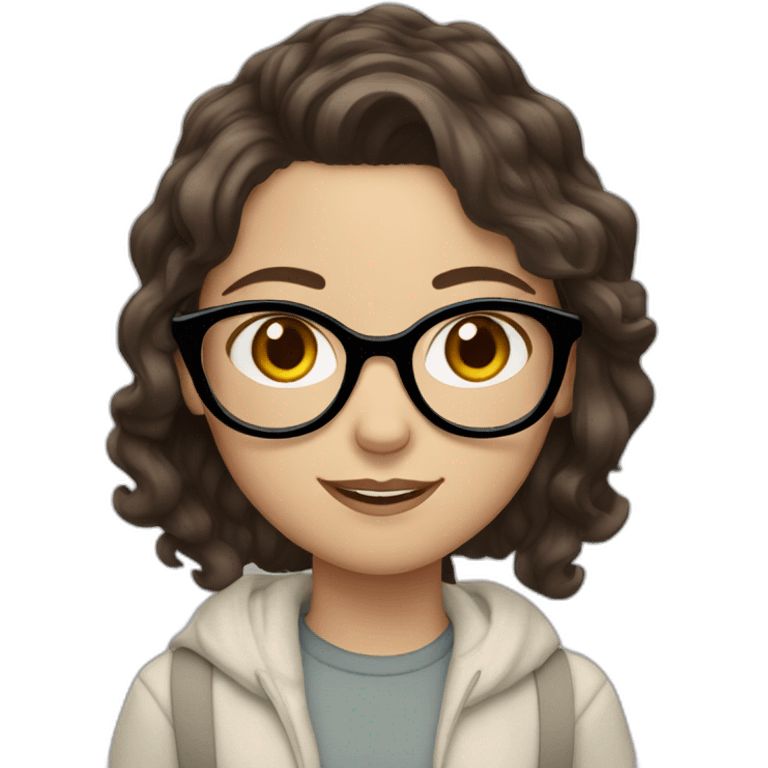 White Girl with wavy dark brown long hair, brown eyes and glasses emoji