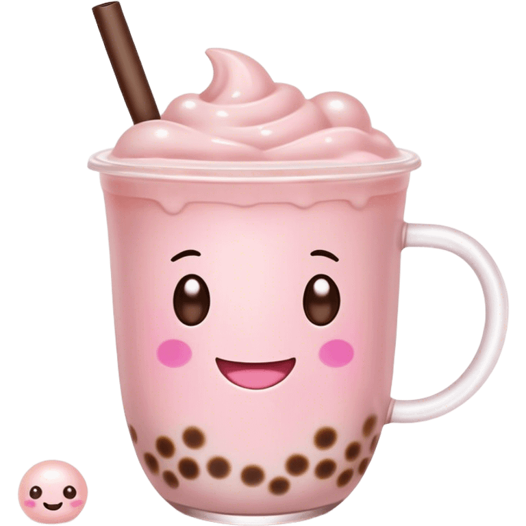 Cute Kawaii Boba Tea Cup, with a happy smiling face, chubby round shape, pastel pink and brown colors, soft glowing highlights, adorable tapioca pearls floating inside, sparkling eyes full of joy! emoji