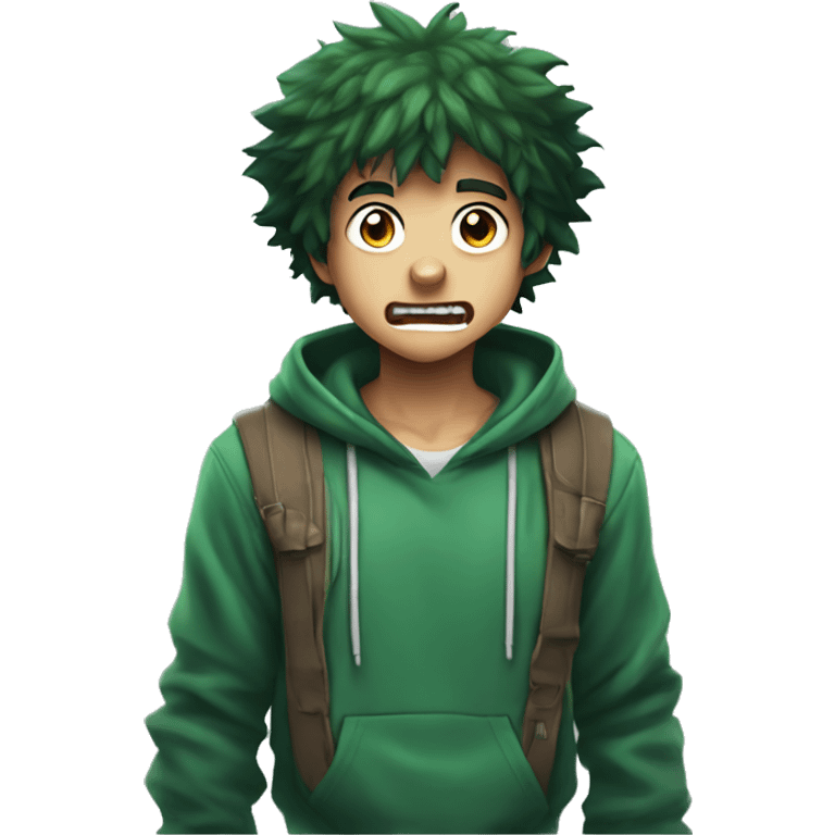 a gamer boy look like deku wearing hoodie yelling emoji