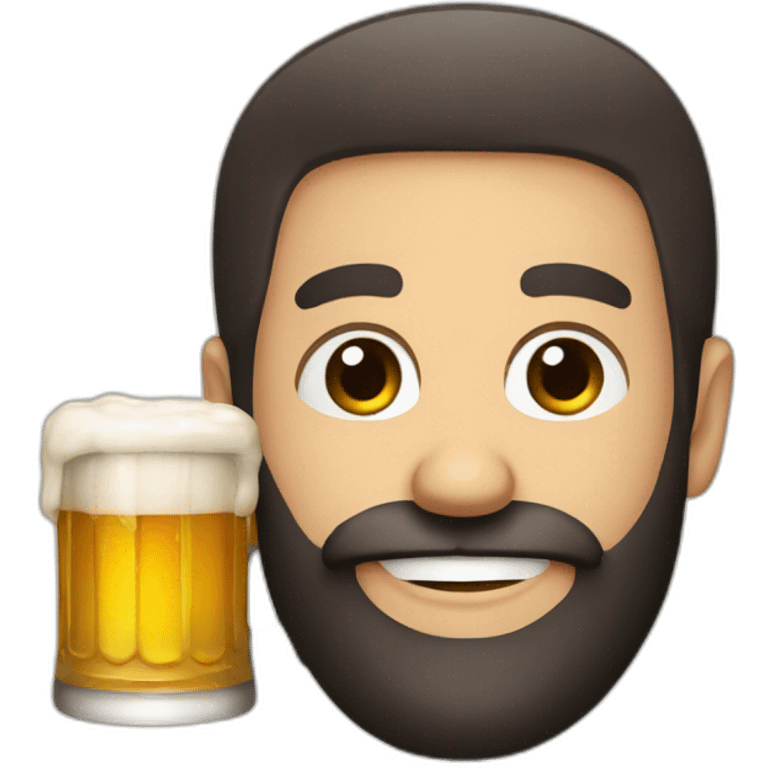 A man with Black beard and blue eyes cheers a beer emoji