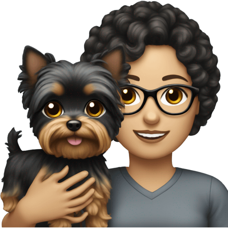 A White girl with curly black hair and glasses holding a Yorkie  emoji