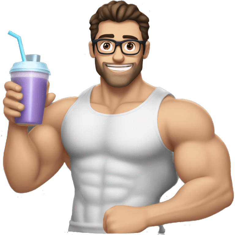 caucasian white muscled guy dark hair drinking a protein shake, half body shirtless, wear glasses emoji