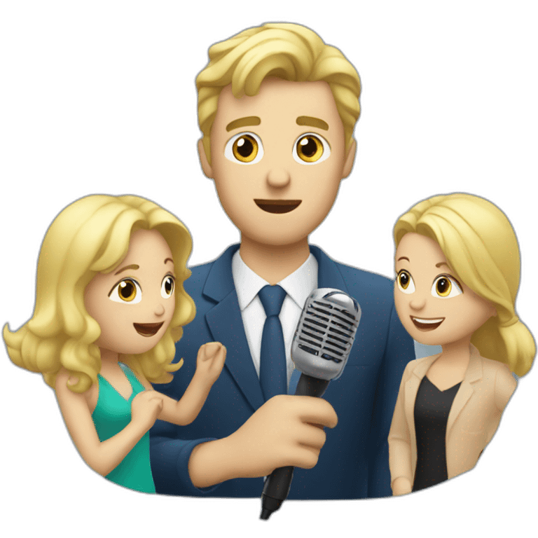 blonde guy interviewing people WITH a MICROPHONE emoji