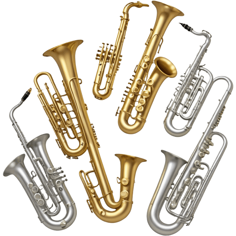 Create a professional, harmonious emoji collage symbolizing wind instruments.  The instruments should be in metallic gold, silver, and brass tones, with subtle reflections to convey a professional and polished appearance. Add soft musical notes or soundwaves to surround the instruments, creating a sense of movement and sound. The background should be transparent, ensuring all instruments are the focus and the composition remains harmonious and balanced. emoji