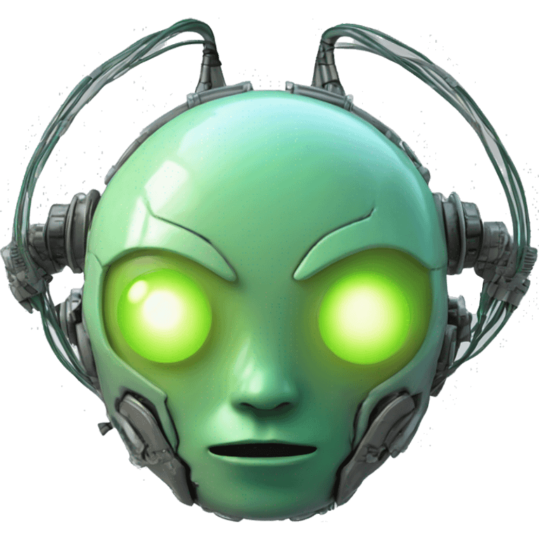 Round Alien cyborg head with glowing wires and green eyes  emoji