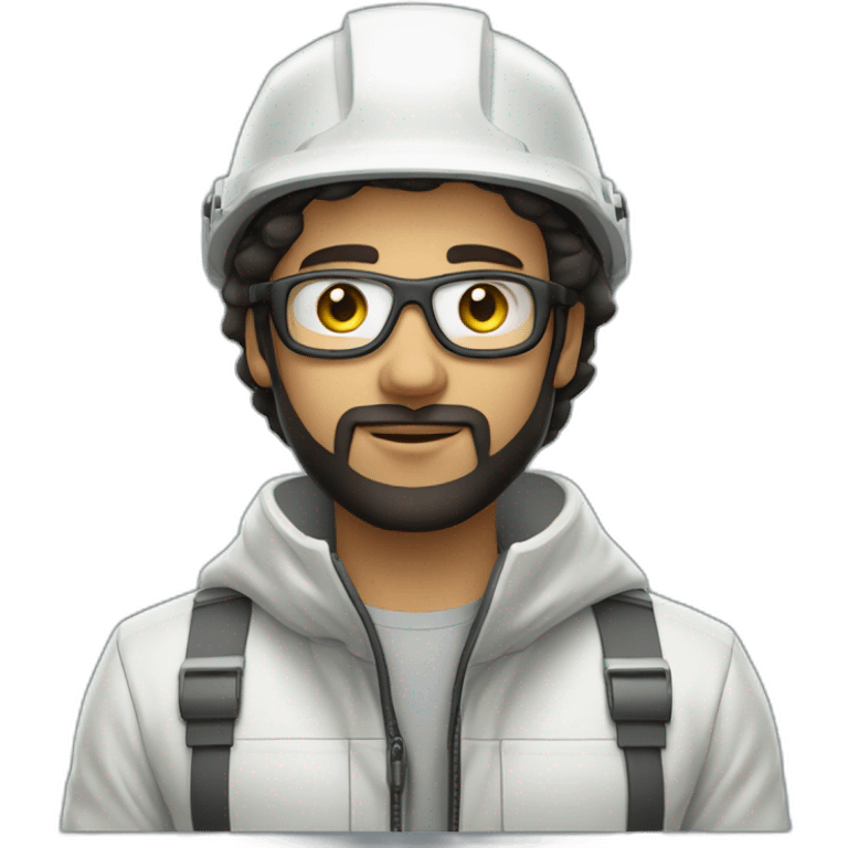 A young Mechanical engineer with a light black beard, a white helmet and a phosphorescent protection jacket emoji