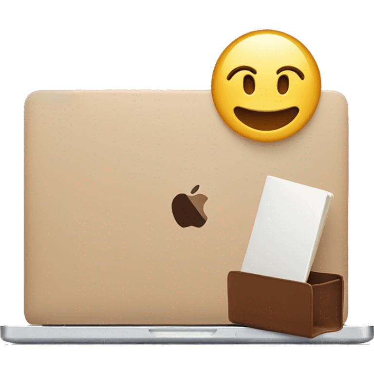 a beige laptop with an iPhone 13 on top and a brown notebook emoji