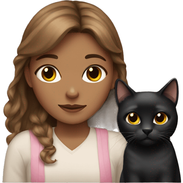 Brown haired girl with a black cat  emoji