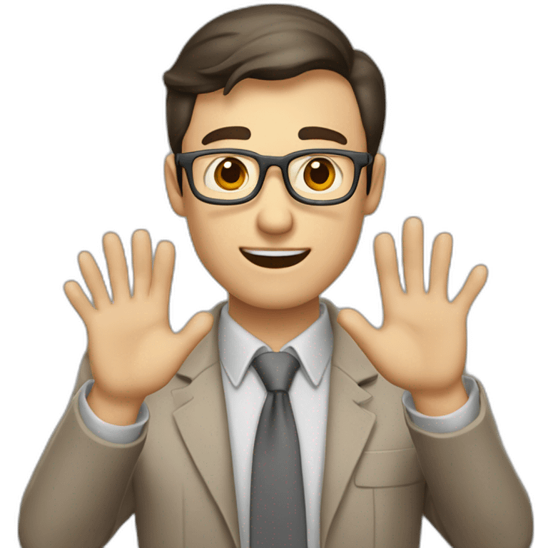 To belt Actively gesturing with hands Pale skinned fit man teacher with dark brown hair in gray jacket, beige office shirt, brown tie, brown pants and vintage glasses. emoji