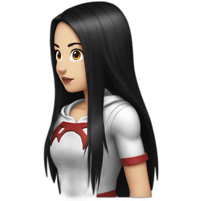 White girl long straight black hair white streak red hood emoji