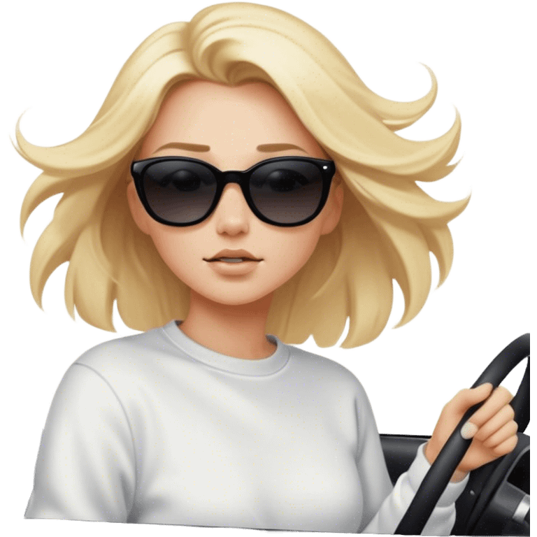 A cinematic realistic blonde in sunglasses, wearing a white sweatshirt, is driving a black car, her hair is slightly blowing in the wind. emoji