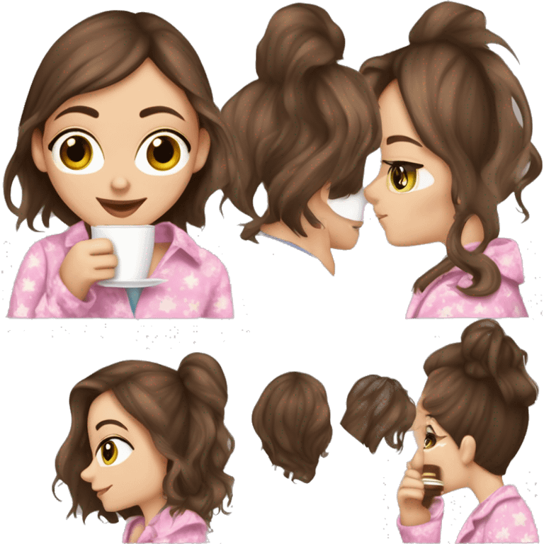 Dark Chestnut brown haired striaght haired girl longish/medium hair  with hazel eyes and pale skin sipping coffee in her juicy couture pajama shirt emoji