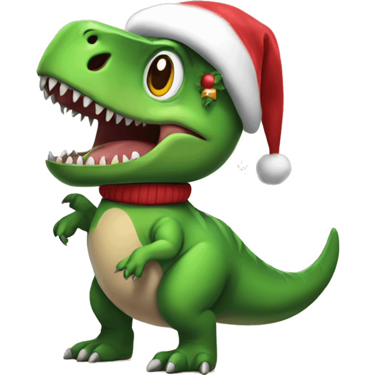 T. rex wearing a Christmas sweater and Santa hat emoji