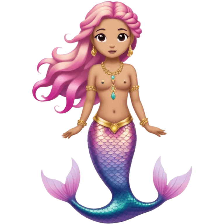 full body mermaid with pink ombré tail, wearing gold jewellery and has middle part braids that cover his forehead  emoji