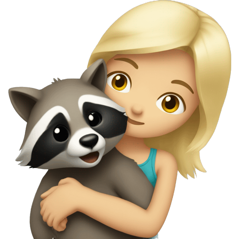 A blonde girl is hugging and kissing a raccoon. emoji