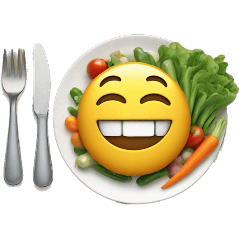 happy emoji eating a plate of food with vegetables emoji