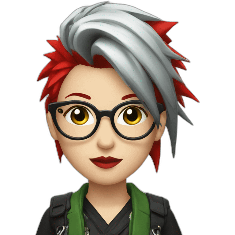 A Japanese Woman With Long Spiky Black And Red Hair And Red Make Up. Green Eyes. Punk. Glasses.  emoji