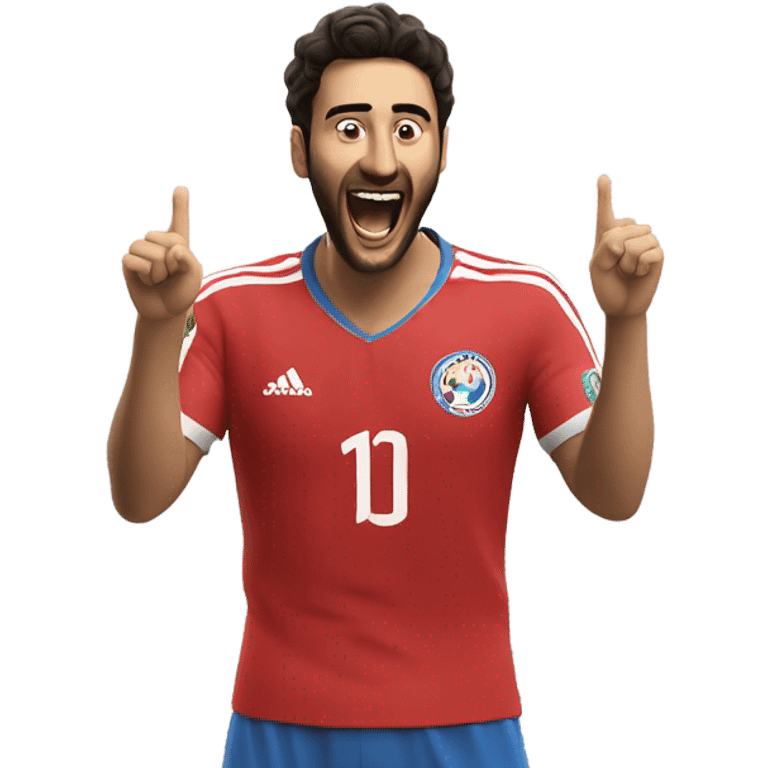 Arda Güler celebrating a goal: his right hand firmly placed on his chest while his left hand is raised and pointing towards the sky, capturing a moment of youthful exuberance, gratitude, and joy emoji