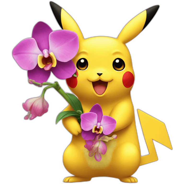 Pikachu holding an orchid emoji