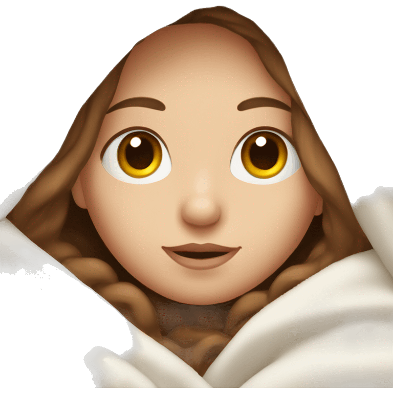 Pale Girl with brown hair  laying down cozy in a white blanket emoji