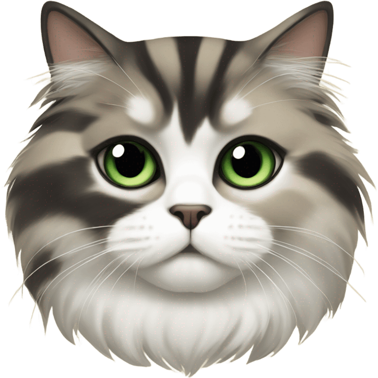 Brown, black stripes, white patches,  Persian cat with green eyes emoji