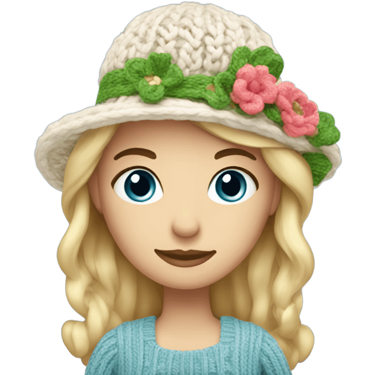 blonde woman with blue eyes knitting floral hat emoji