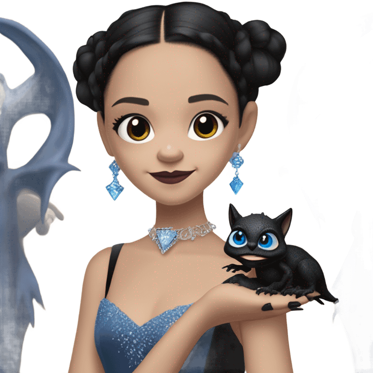 relaxed low-cut back silky black evening ball gown with lace gloves, Jenna Ortega as Wednesday Addams wearing a mini diamond tiara showing off a cute blue horned dragon hand puppet emoji