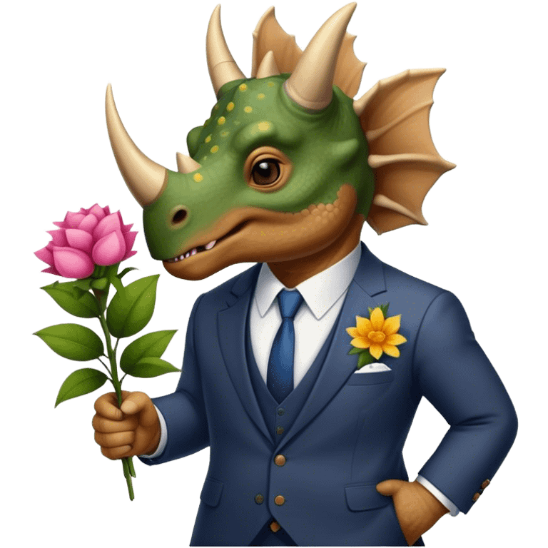 old triceratops in suit holding flowers emoji