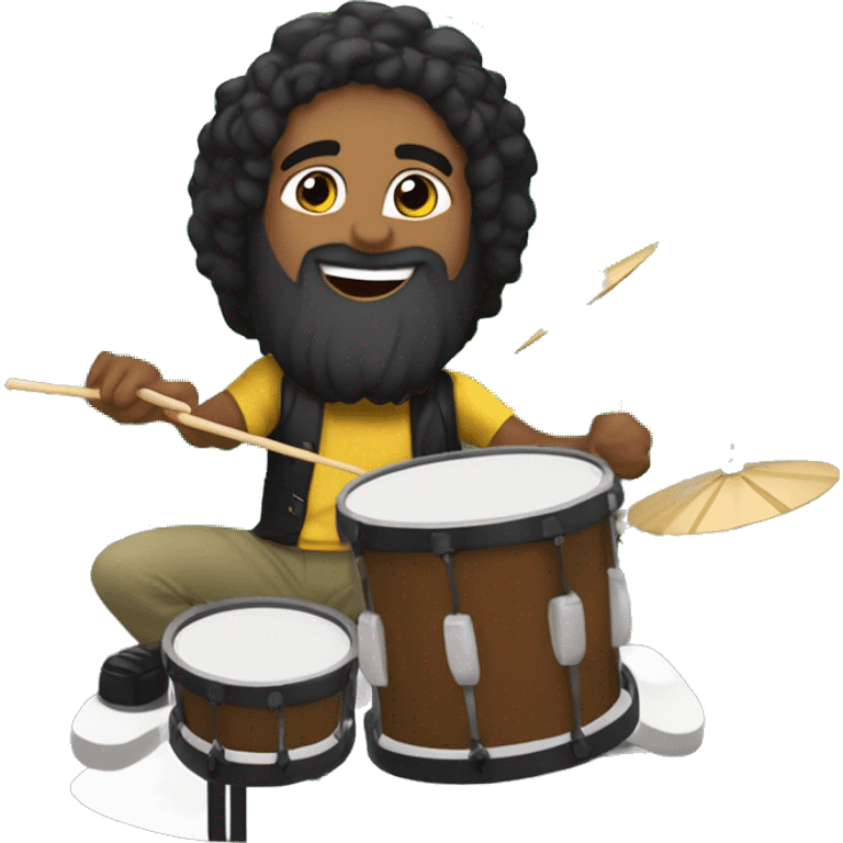 Create a scene of a Brazilian drummer with tied hair and a beard, full of joy, playing drums in his live stream. The logo "GG Lukas Drummer" should be clearly visible in the background. emoji