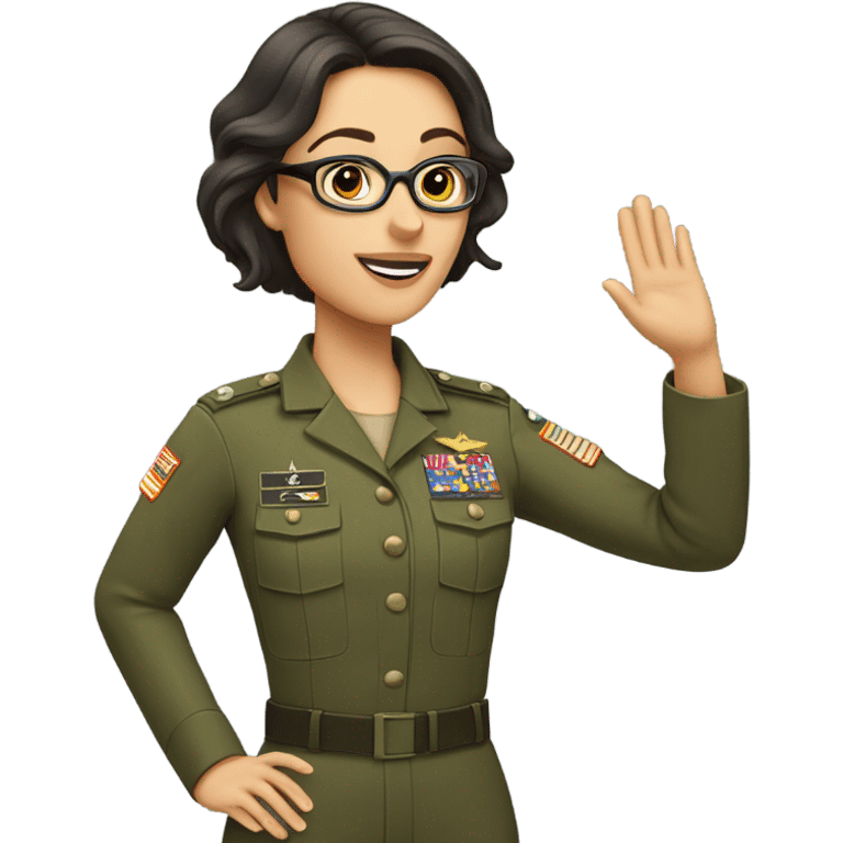 a caucasian brunette female with glasses making the military salute emoji