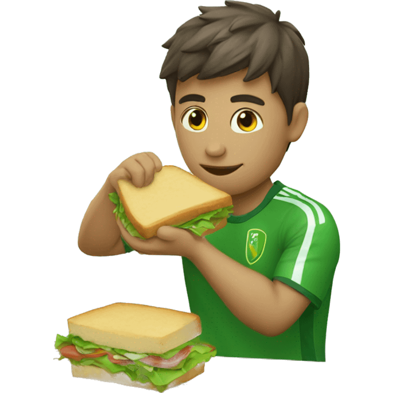 soccer player wearing a green shirt with a broom in their hand eating a sandwich emoji