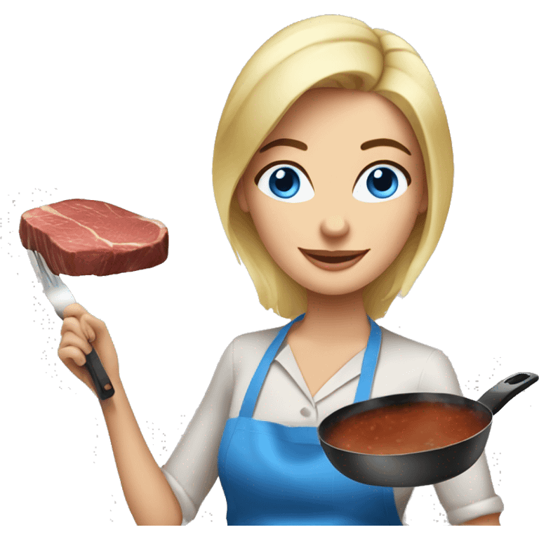 Beautiful blonde blue eyed woman cooking steak emoji