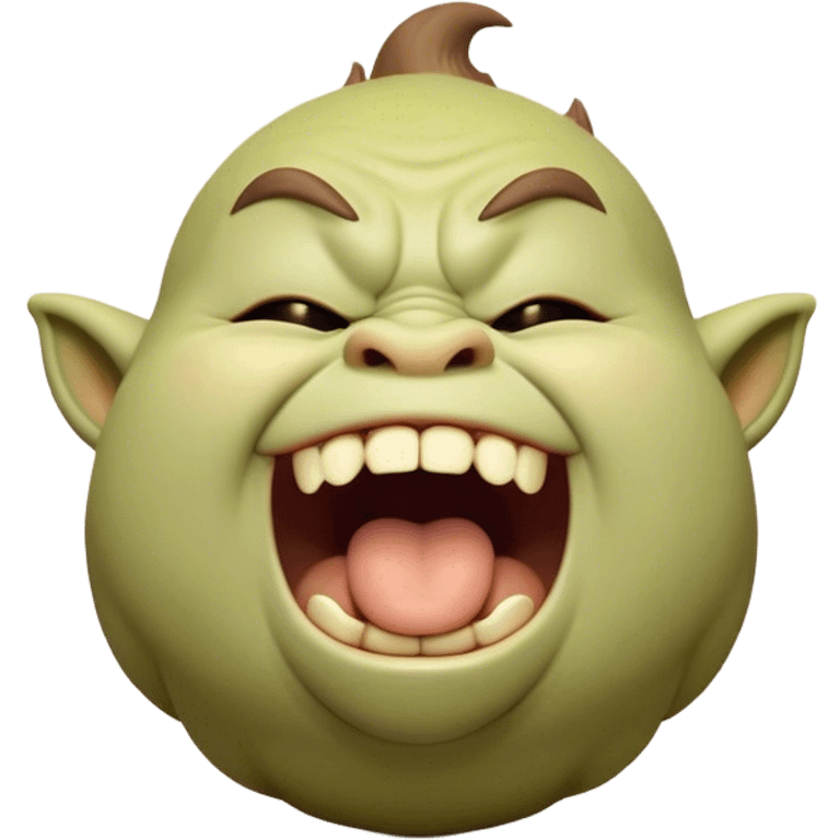 Cinematic Cute Yawning Ogre Portrait Emoji, with a surprisingly cuddly, rotund figure in soft earthy greens and browns, head tilted back in a big, gentle yawn exposing a set of comically oversized teeth, simplified yet irresistibly adorable, highly detailed with a soft glowing outline that captures the sleepy charm of a friendly ogre after a long day of gentle mischief! emoji