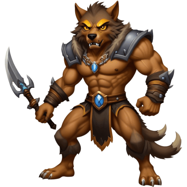 Cinematic Realistic WoW Worgen Portrait, captured in a dynamic, battle-ready stance, muscles rippling beneath his wild fur and tanned skin. His fierce, amber eyes and determined features, set against consistently detailed, worn leather attire, are rendered with dramatic natural lighting and high shine, embodying the raw, relentless fury of a worgen warrior in combat. emoji