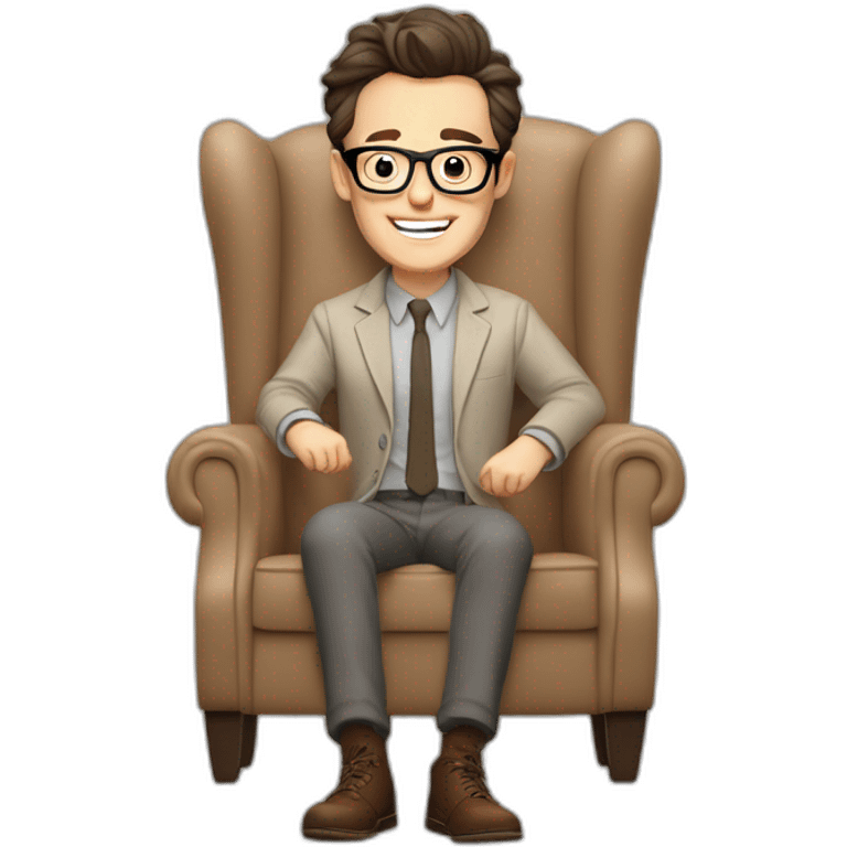 Joyful thrumbs up Pale skinned Fit Man With dark brown hair in gray jacket, beige office shirt, Brown pants and vintage glasses sitting In a soft chair emoji