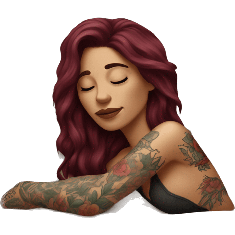 Beautiful tattooed burgundy long haired woman napping on sofa emoji