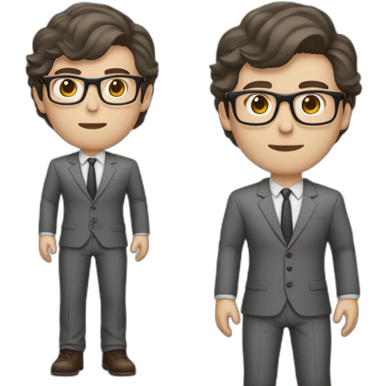 Full height Pale skinned Fit Man With dark brown hair in classic gray suit, beige office shirt, dark gray tie, and vintage glasses. His hands lock emoji