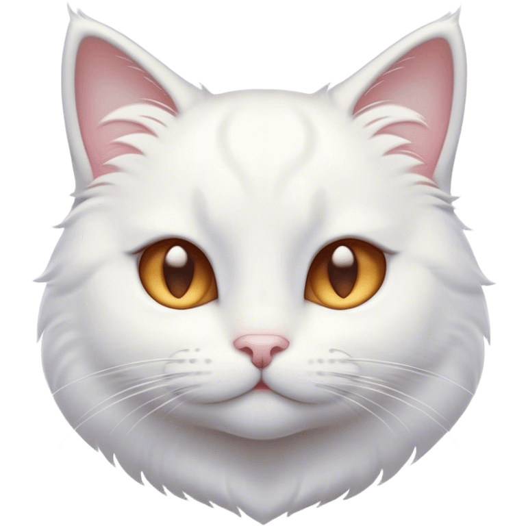 Cinematic Cute White Cat Portrait Emoji, Head tilted with a soft, gentle smile and sparkling eyes, featuring a silky, pristine white fur with subtle silver highlights, simplified yet irresistibly adorable, highly detailed, glowing with a warm, snowy glow, high shine, radiating affectionate charm and tender grace, styled with a light, playful outline, capturing the essence of a cute white cat that looks as if it could melt your heart with a single blink! emoji