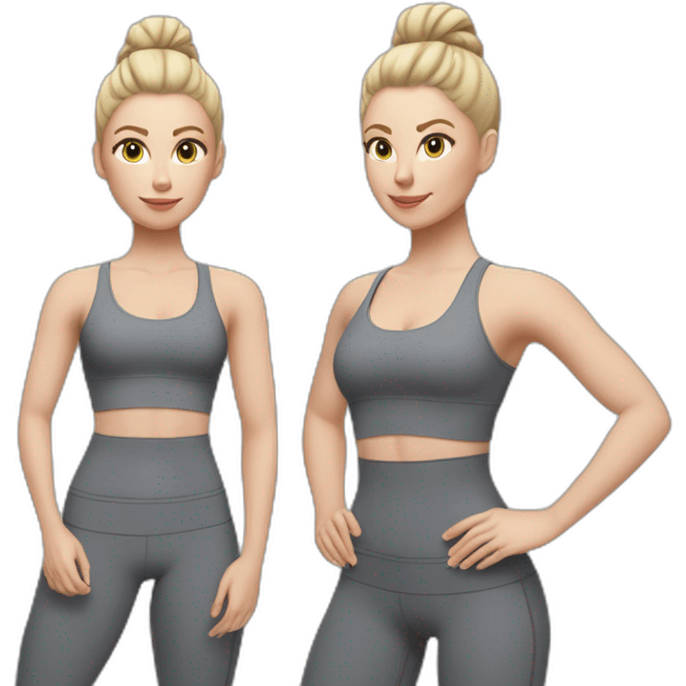 Pale skinned fit woman In a gray tight yoga suit and wristbands With ash blonde hair in a bun doing yoga emoji