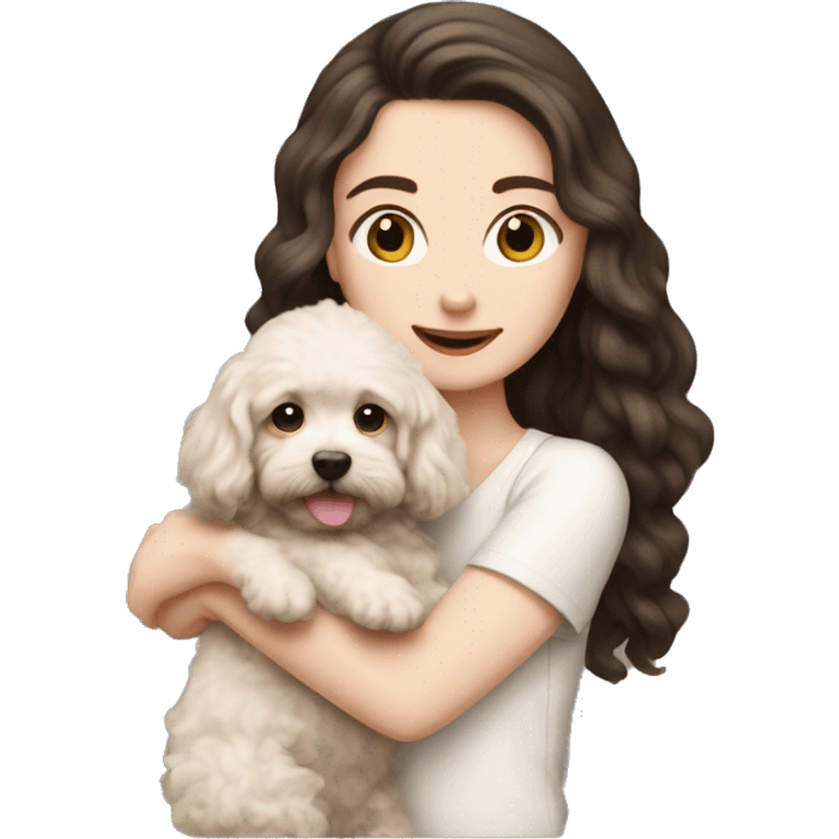 pale white girl with long black hair holding brown bichpoo puppy emoji