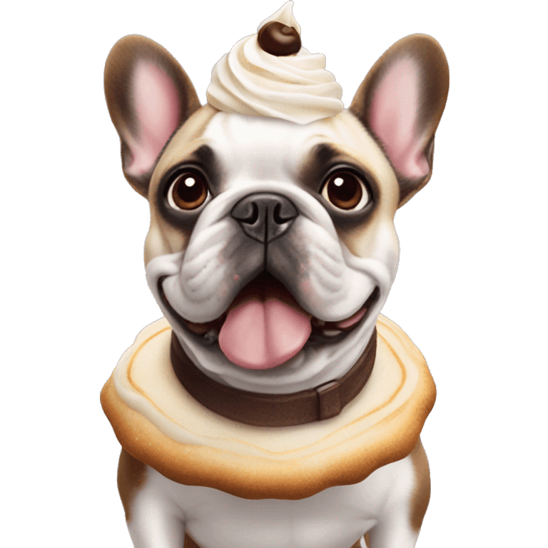 A French bulldog in a Cinnabon costume emoji