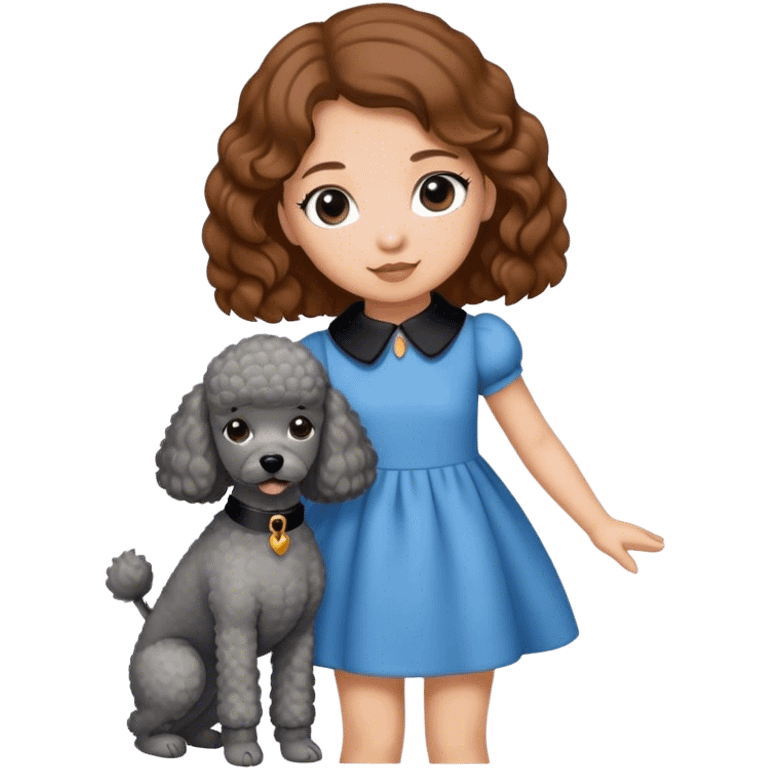 A girl with caramel brown hair holding a grey poodle emoji