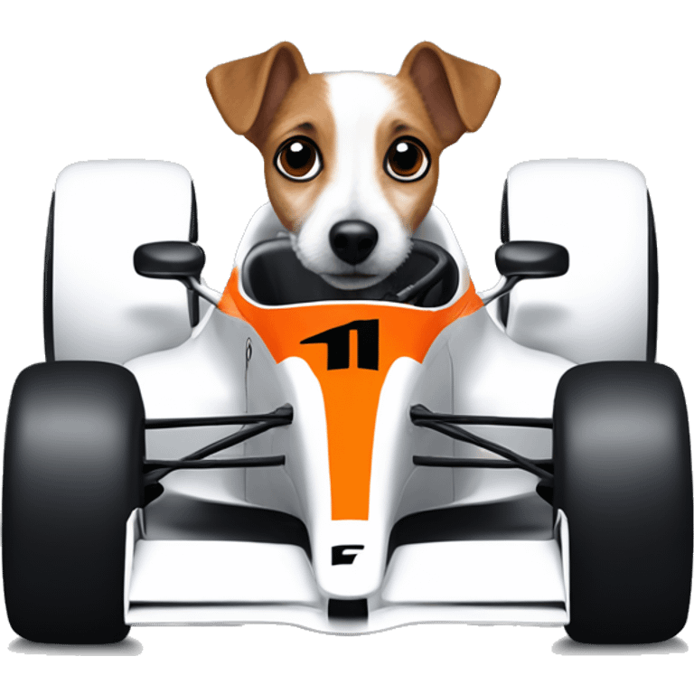 Jack Russell sitting in a formula 1 McLaren car emoji