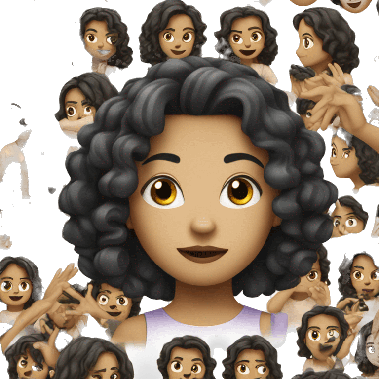 A female with a black curly shoulder length hair and black eyes raising one hand emoji