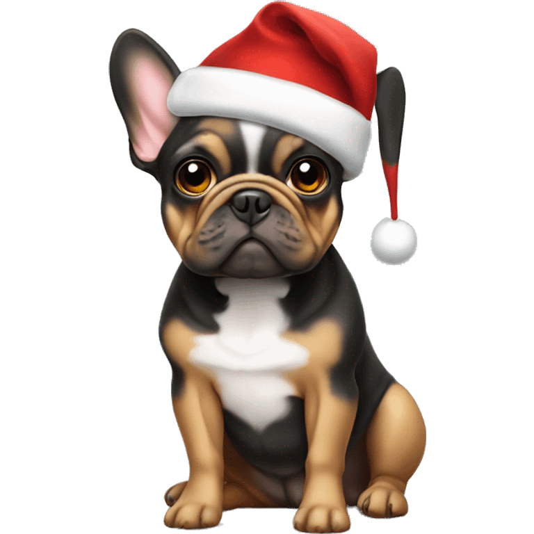 Black and tan frenchie wearing Santa hat and sitting emoji