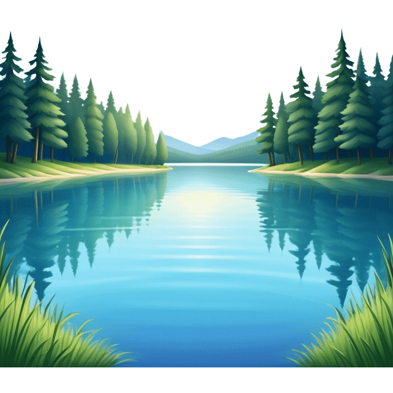 Cinematic Realistic Lake Emoji, Calm and reflective, with clear blue waters mirroring the surrounding landscape, framed by tall trees and grassy shores. The sunlight sparkles on the water’s surface while birds and animals play at the edge. Soft glowing outline, capturing the essence of peaceful serenity in a tranquil lake. emoji