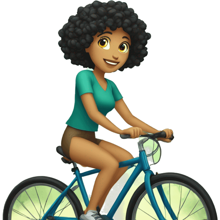 Fair girl with curly black hair riding bicycle early in the morning with trees in the background  emoji