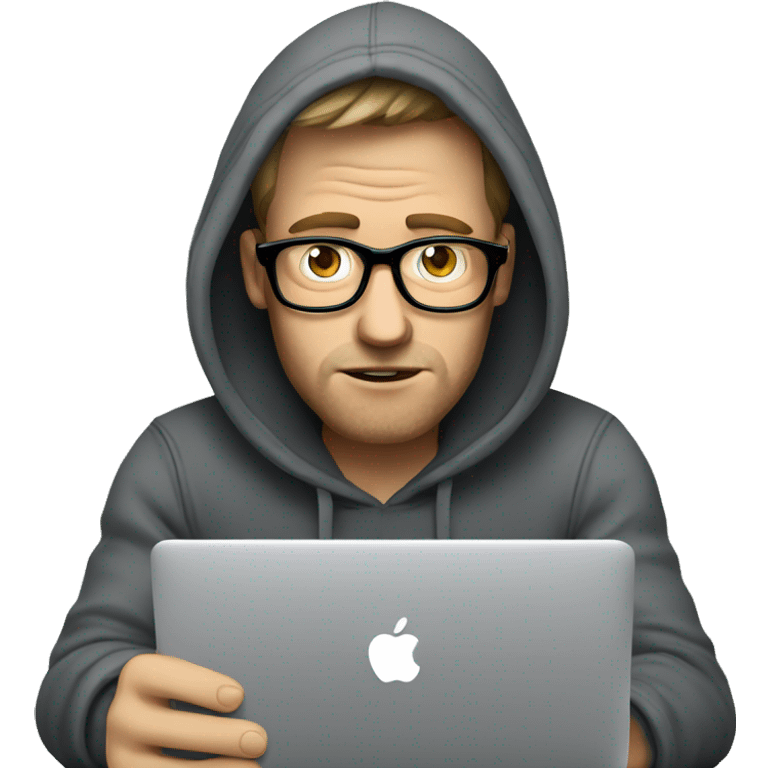 stressed out white guy with glasses wearing a hoodie drinking coffee and holding a macbook emoji