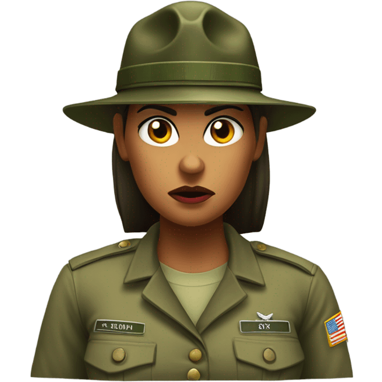 a female drill sergeant character wearing a classic sergeant hat and a camouflage army shirt. The character should have an angry intense expression. full torso emoji