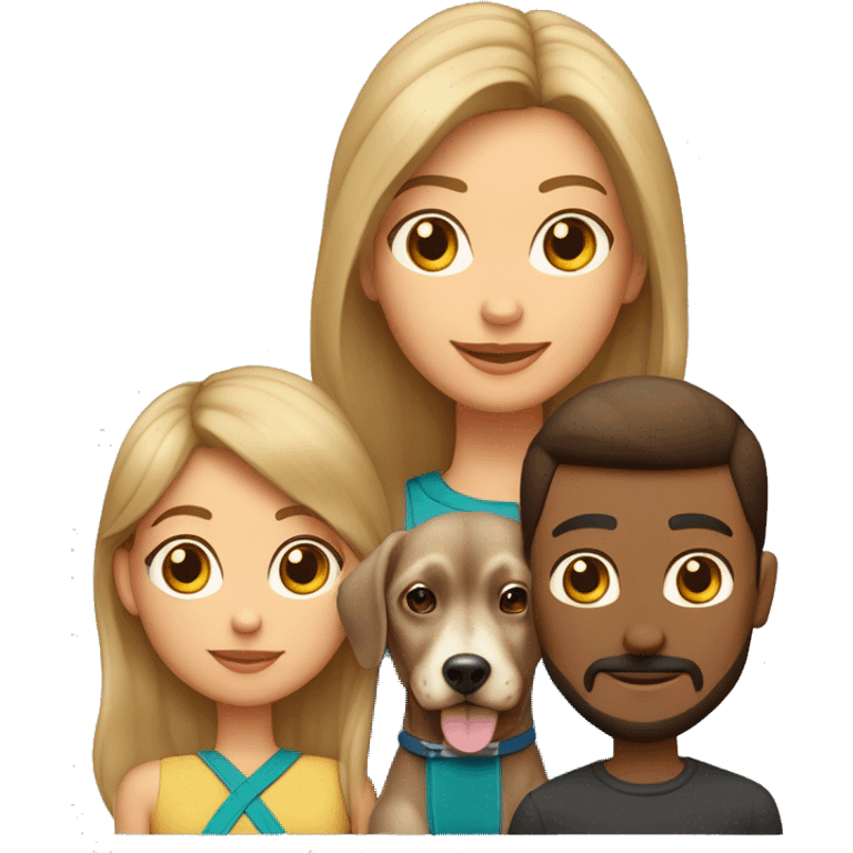 Familia 3 personas y perro chiuaua padre pelo corto rubio madre pelo castaño rizado mujer joven pelo negro largo y liso emoji